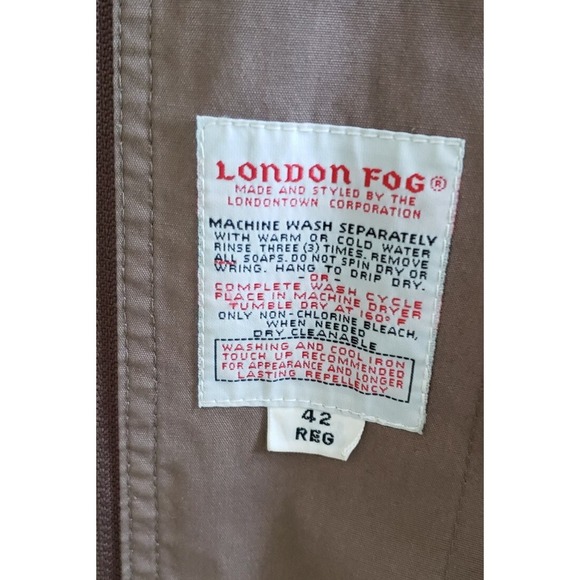 Vtg London Fog mens collard jacket with zip out fur lining pockets 42 Reg Khaki - Picture 10 of 11